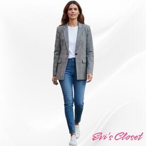 Elan Women's Blazer Jacket Plaid Black White Single Button Back Slit Sz L